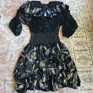 vintage 1980s Diane Freis Susan Freis black velvet metallic cocktail dress polka